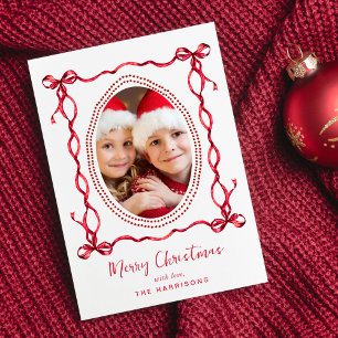 Merry Christmas Red Bows Photo Holiday Card