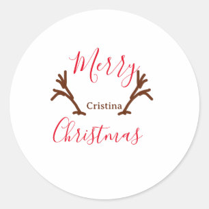 Merry Christmas red brown reindeer horn holiday te Classic Round Sticker