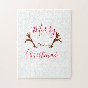 Merry Christmas red brown reindeer horn holiday te Jigsaw Puzzle