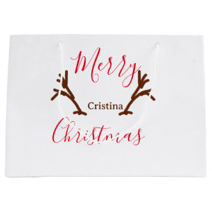 Merry Christmas red brown reindeer horn holiday te Large Gift Bag