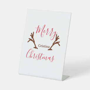 Merry Christmas red brown reindeer horn holiday te Pedestal Sign