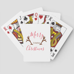 Merry Christmas red brown reindeer horn holiday te Playing Cards