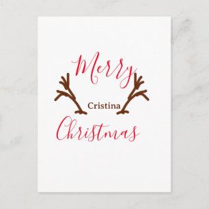 Merry Christmas red brown reindeer horn holiday te Postcard