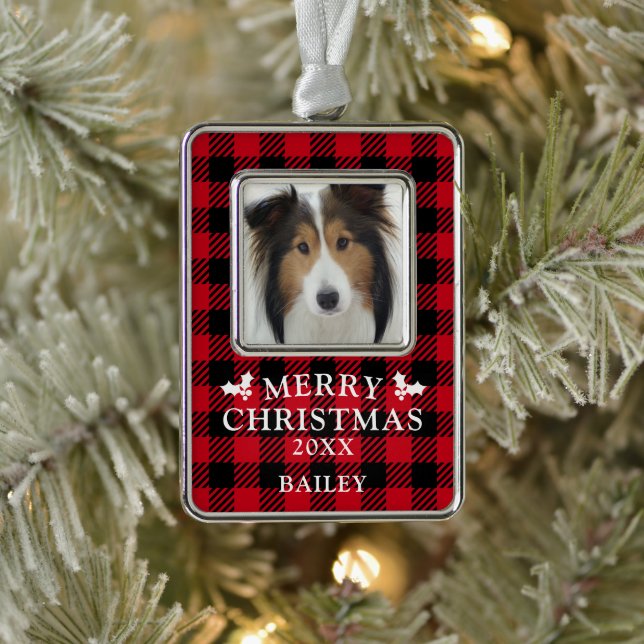 Merry Christmas Red Buffalo Check Dog Photo Silver Plated Framed Ornament (Tree)