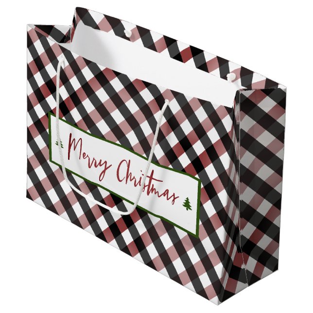 Merry Christmas Red Buffalo Check Plaid Large Gift Bag (Front Angled)