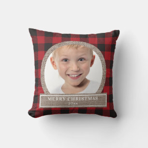 Merry Christmas Red Buffalo Plaid Burlap Photo Cushion