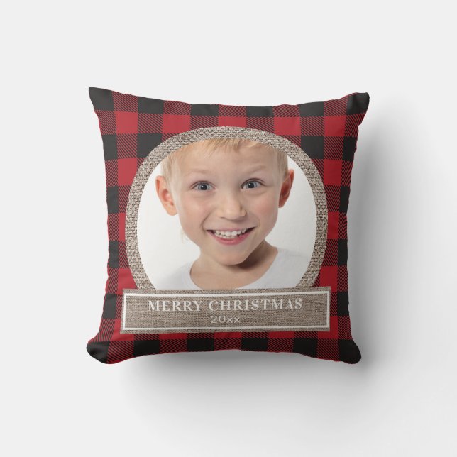 Merry Christmas Red Buffalo Plaid Burlap Photo Cushion (Front)