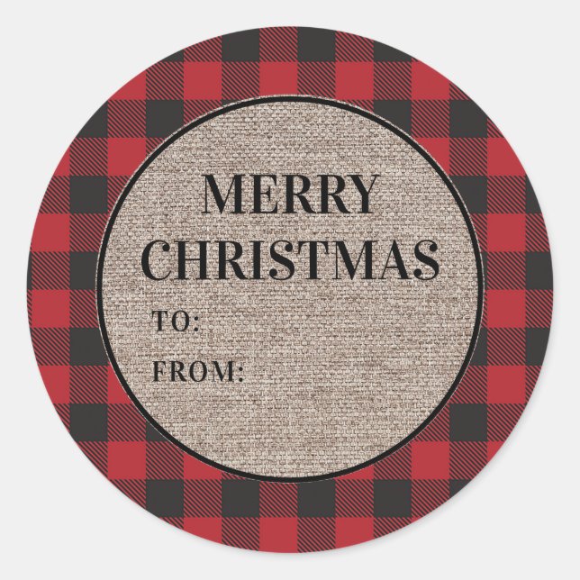 Merry Christmas Red Buffalo Plaid Burlap To From Classic Round Sticker (Front)