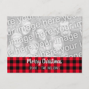 Merry Christmas Red Buffalo Plaid Family Photo Postcard