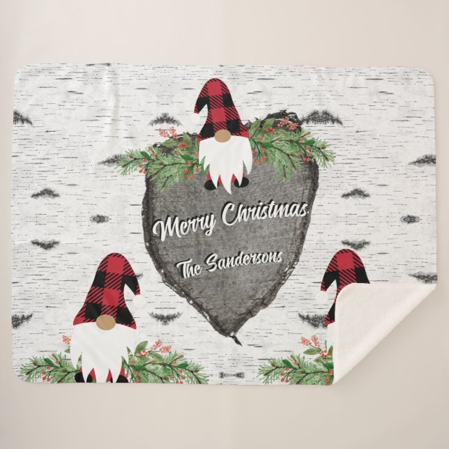 Merry Christmas Red Buffalo Plaid Gnomes Sherpa Blanket (Front (Horizontal))