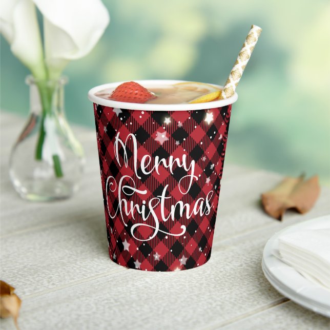 Merry Christmas Red Buffalo Plaid Holiday Party Paper Cups (Insitu)