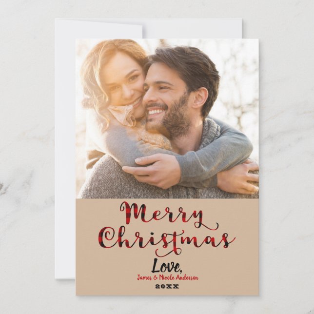 Merry Christmas Red Buffalo Plaid Holiday Photo Card (Front)