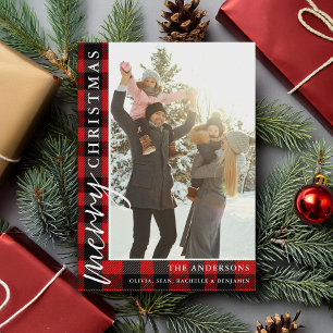 Merry Christmas Red Buffalo Plaid Photo Holiday Card