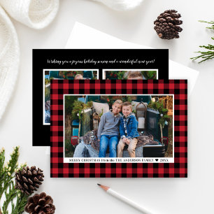 Merry Christmas Red Buffalo Plaid Photo Holiday Card