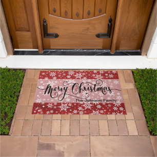 Merry Christmas Red Burlap Snowflake Pattern Doormat