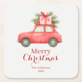 Merry Christmas Red Car – Personalized Holiday  Square Paper Coaster