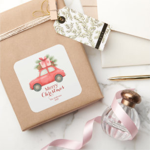 Merry Christmas Red Car – Personalized Holiday  Square Sticker