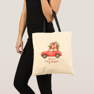 Merry Christmas Red Car – Personalized Holiday  Tote Bag