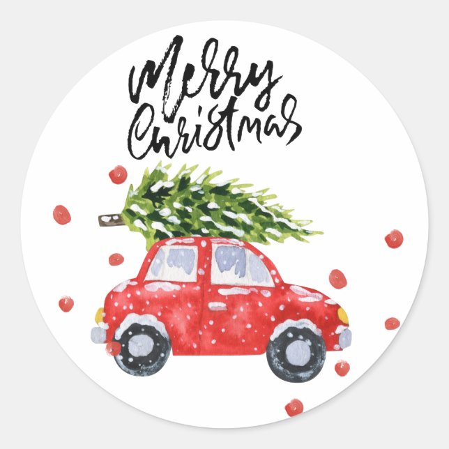 Merry Christmas red car with Christmas tree  Classic Round Sticker (Front)