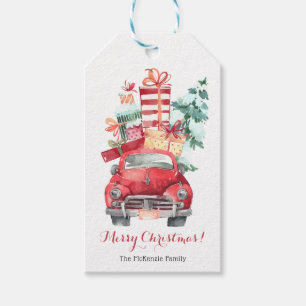 Merry Christmas - Red Car with Presents Pine Tree Gift Tags
