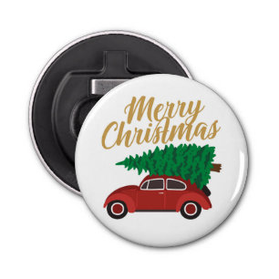 Merry Christmas Red Car With Tree   Holidays Bottle Opener