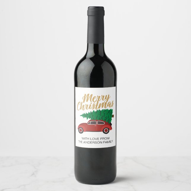 Merry Christmas Red Car With Tree Personalised Wine Label (Front)