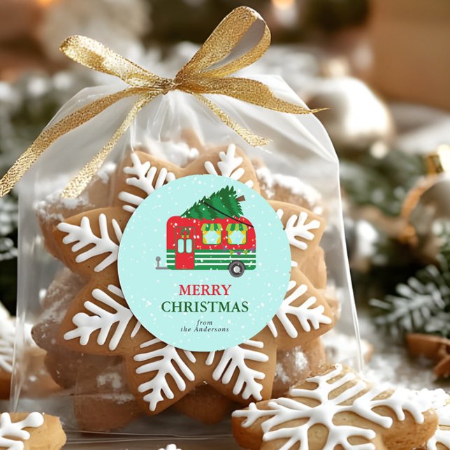 Merry Christmas Red Caravan Christmas Tree Custom Classic Round Sticker (Creator Uploaded)
