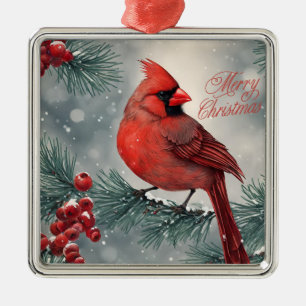 Merry Christmas Red Cardinal and Berries Metal Ornament