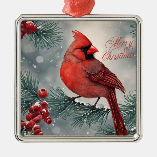 Merry Christmas Red Cardinal and Berries Metal Ornament (Front)