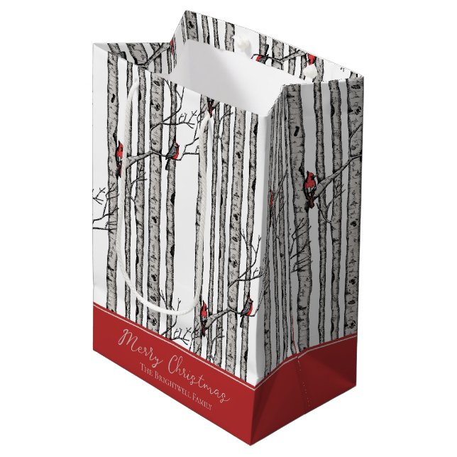 Merry Christmas Red Cardinal Bird & Birch Tree Medium Gift Bag (Front Angled)