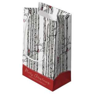 Merry Christmas Red Cardinal Bird & Birch Tree Small Gift Bag