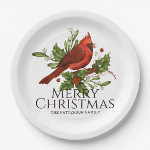 Merry Christmas Red Cardinal Holly Personalised Paper Plate