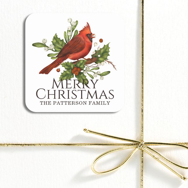 Merry Christmas Red Cardinal Holly Personalised Square Sticker (Creator Uploaded)