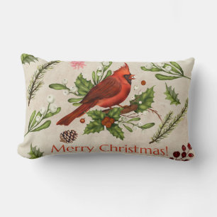 Merry Christmas Red Cardinal Lumbar Cushion