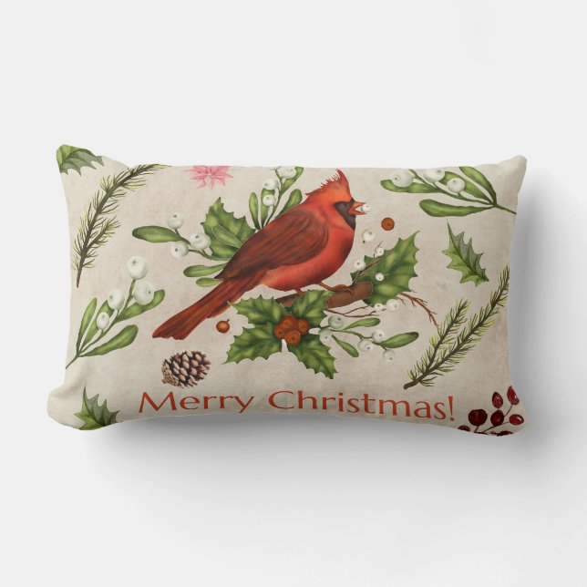 Merry Christmas Red Cardinal Lumbar Cushion (Front)