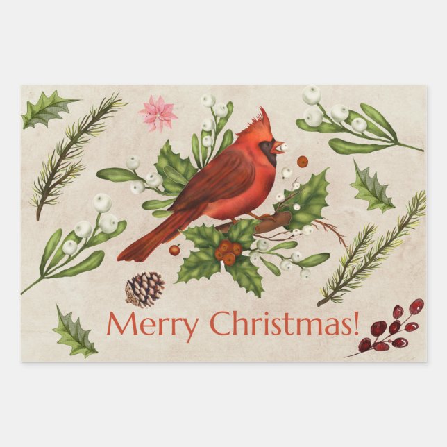 Merry Christmas Red Cardinal  Wrapping Paper Sheet (Front)