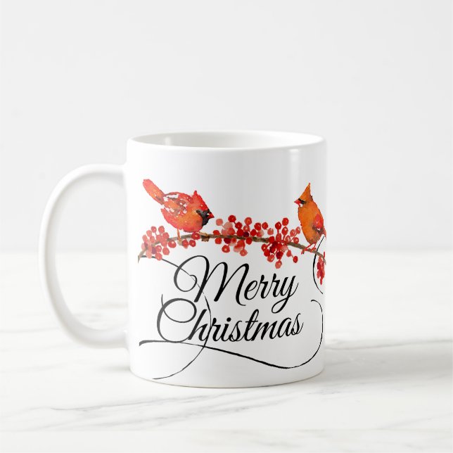 Merry Christmas Red Cardinals Monogrammed Holiday Coffee Mug (Left)