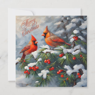 Merry Christmas Red Cardinals with Wild Berries  Holiday Card