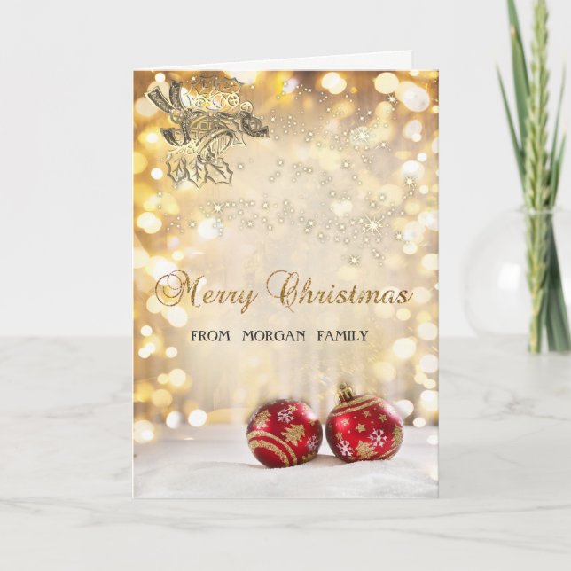 Merry Christmas,Red Christmas Balls,Bell,Bokeh Holiday Card (Front)