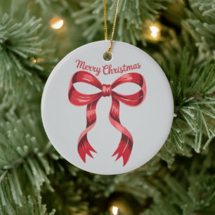 Merry Christmas Red Coquette Bow Girly  Ceramic Ornament