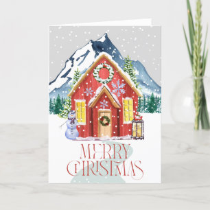 Merry Christmas Red Country House Mountain Snow  Holiday Card