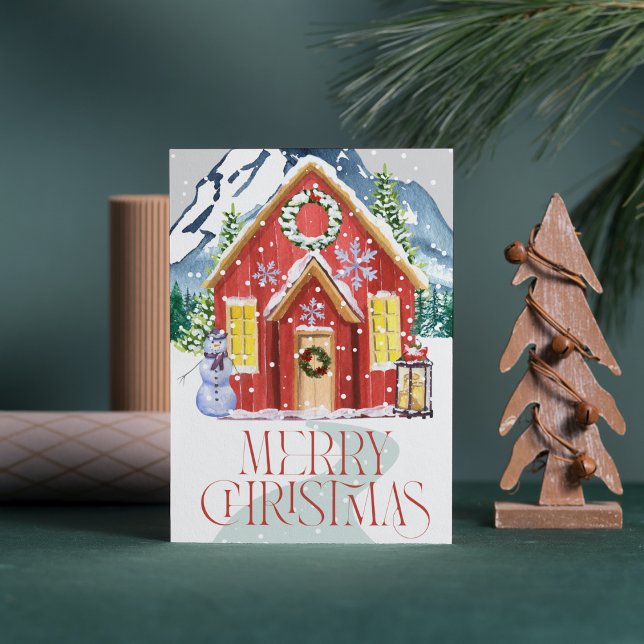 Merry Christmas Red Country House Mountain Snow Jigsaw Puzzle (Creator Uploaded)