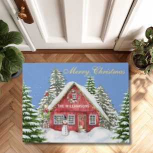 Merry Christmas Red Country House Snow  Doormat
