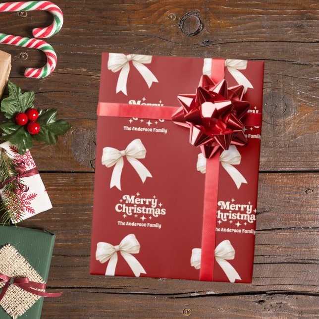 Merry Christmas red cream bow retro Wrapping Paper (Creator Uploaded)