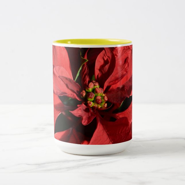 Merry Christmas Red Curly Poinsettia Two-Tone Coffee Mug (Center)