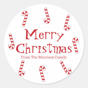 Merry Christmas red custom name candy cane favour Classic Round Sticker