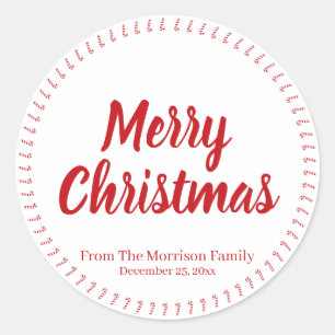 Merry Christmas red custom name candy cane favours Classic Round Sticker
