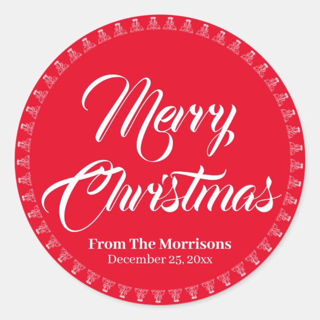 Merry Christmas red custom script name favour Classic Round Sticker (Front)
