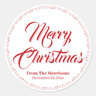 Merry Christmas red custom script Santa Reindeer Classic Round Sticker
