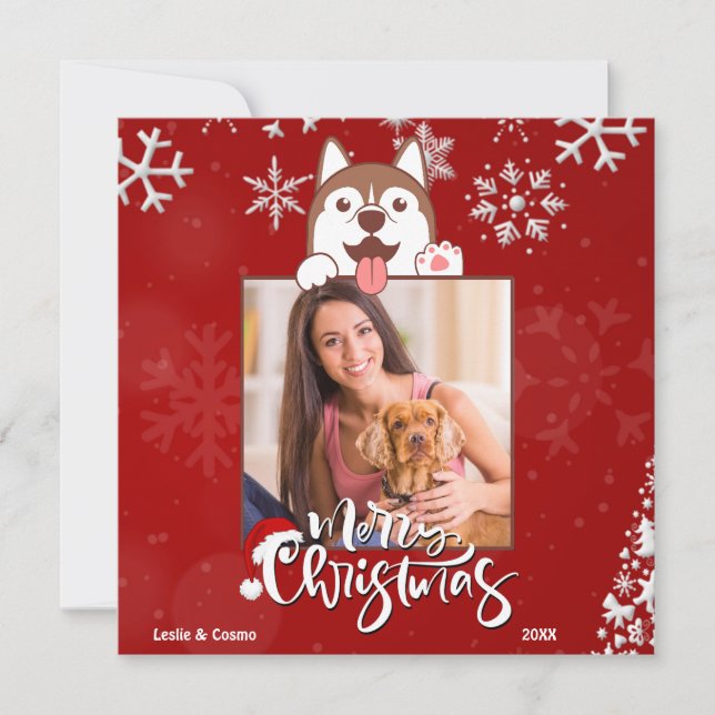 Merry Christmas Red Dog Pet 1 Photo Holiday Card (Front)